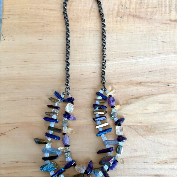 Chunky Aura Quartz Amethyst Pyrite Gemstone Statement Necklace - Picture 6 of 6